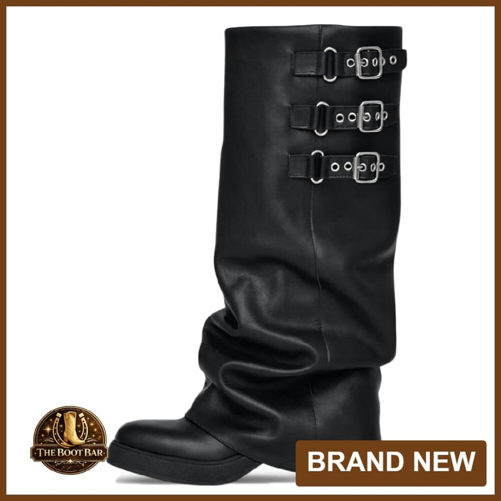 Knee High Slouchy Boots Fold Over Platform Square Toe Motorcycle Style